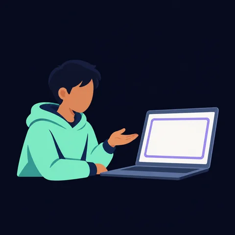 AI-generated illustration: the student gestures at a laptop whose session history is empty.