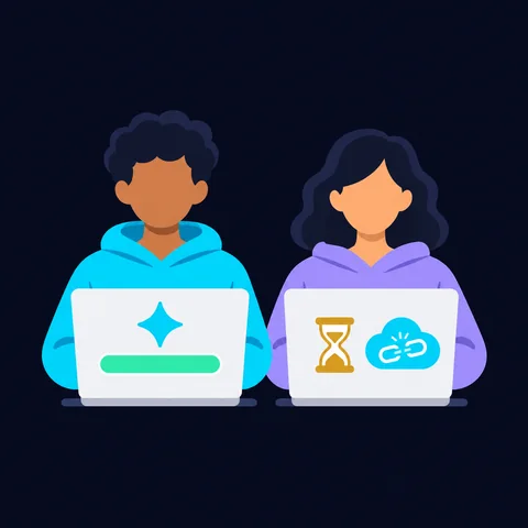 AI-generated illustration: one laptop running a fast premium tool beside another showing an hourglass and a disconnected cloud.