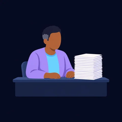 AI-generated illustration: an instructor at a desk with a tall stack of the class’s essays.