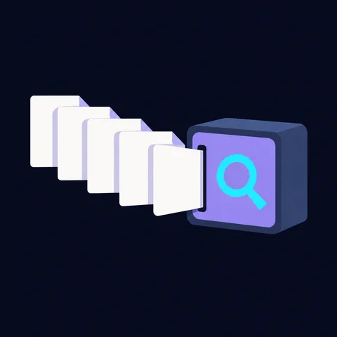 AI-generated illustration: essay pages flowing into an external web tool with a magnifier.