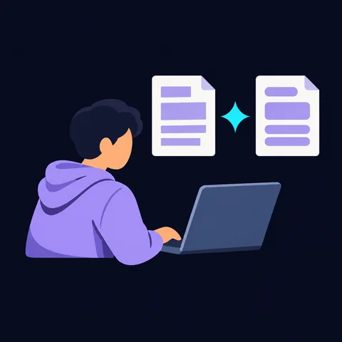 AI-generated illustration: a student at a laptop; the same essay goes into an AI tool and comes out with the same structure, only smoother lines.