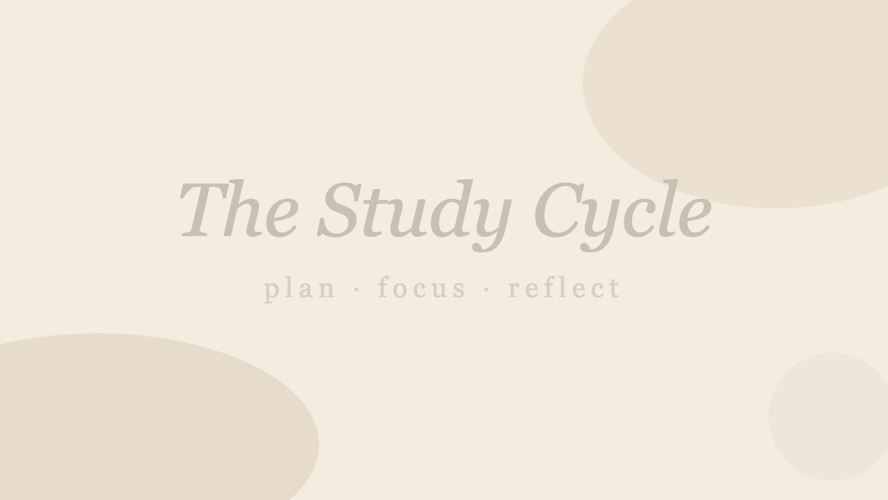 Deck 2, slide 1: a picture. Pale grey words on beige read “The Study Cycle · plan · focus · reflect”.